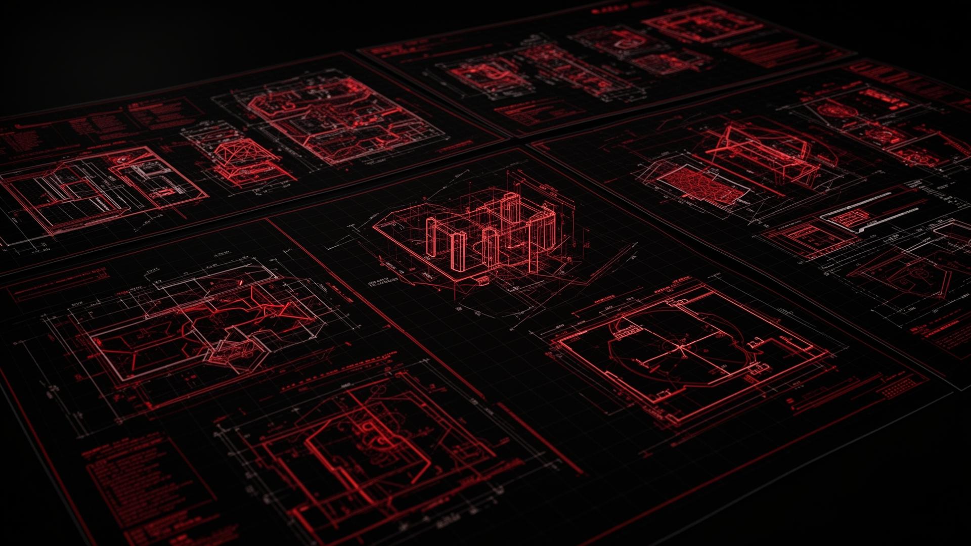 Futuristic engineering drawing set with red technical schematics on black